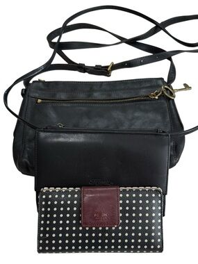 Fossil Leather Crossbody Bag Wallet Lot Black Polka Dot Organizer Purse Bundle